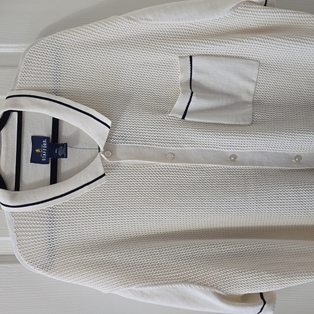 STAFFORD BRAND MEN'S CREAM SHORT SLEEVES FRONT BUTTON SWEATER SIZE XXL